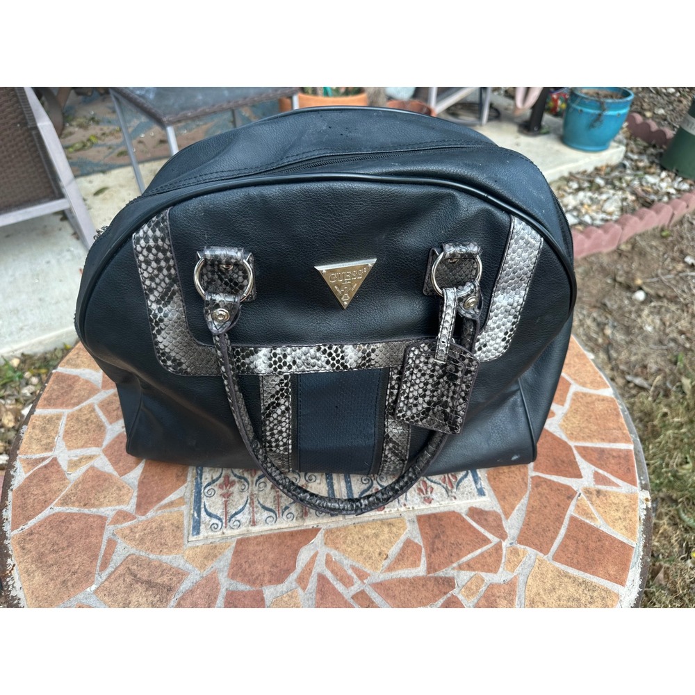Guess Black Faux Leather Satchel Bag Snakeskin Trim Silver Hardware Logo Plaque